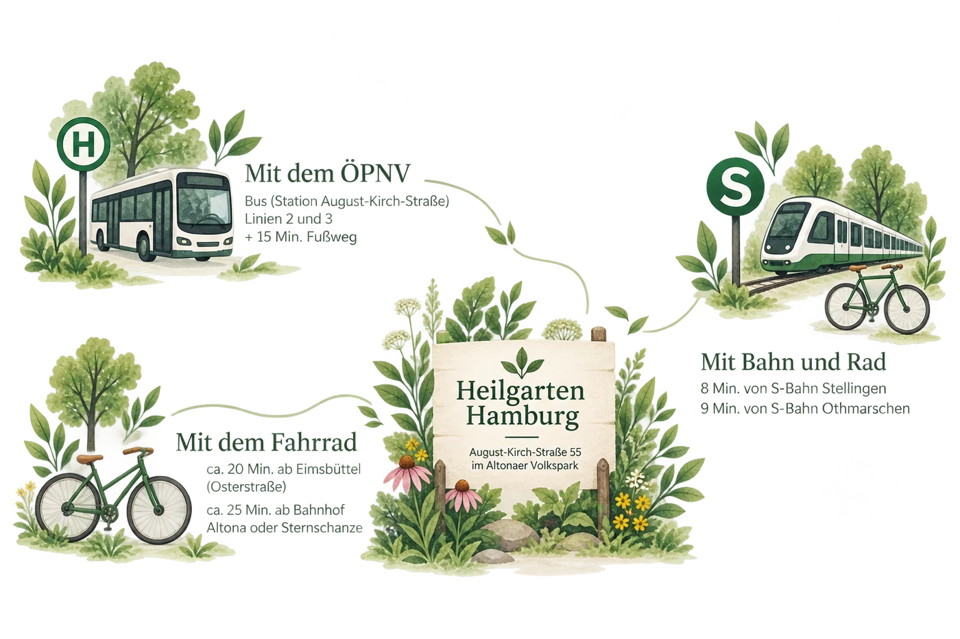 Anfahrtsskizze zum Heilgarten Hamburg, August-Kirch-Straße 55 im Altonaer Volkspark: mit den Buslinien 2 und 3 bis zur Station August-Kirch-Straße und rund 15 Minuten Fußweg, mit dem Rad ca. 20 Minuten ab Eimsbüttel (Osterstraße) oder ca. 25 Minuten ab Bahnhof Altona bzw. Sternschanze, oder per S-Bahn und Rad – 8 Minuten ab Stellingen, 9 Minuten ab Othmarschen.